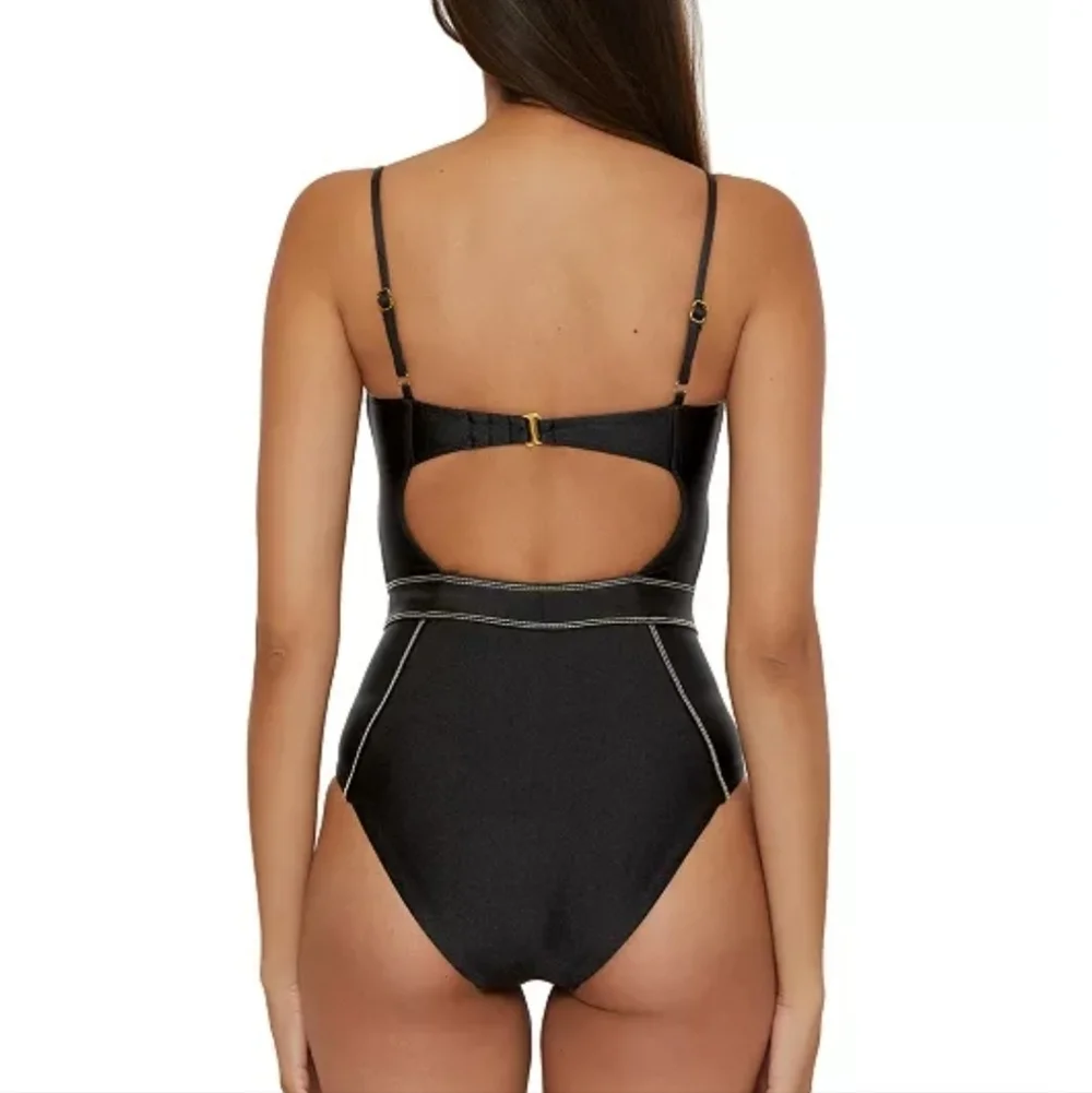 Becca Women's Black Color Sheen Corset-Seamed One-Piece Swimsuit Medium - Picture 2 of 7